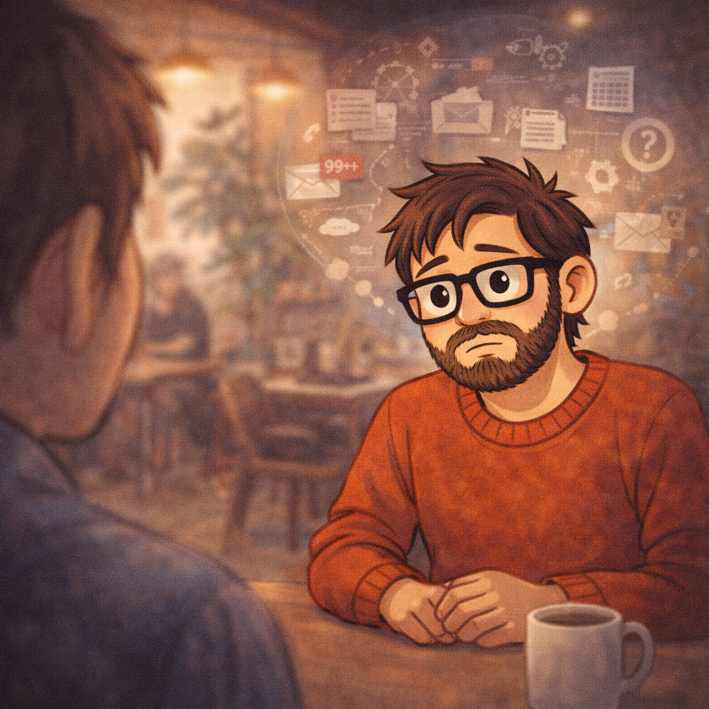 Person overwhelmed by tasks and notifications